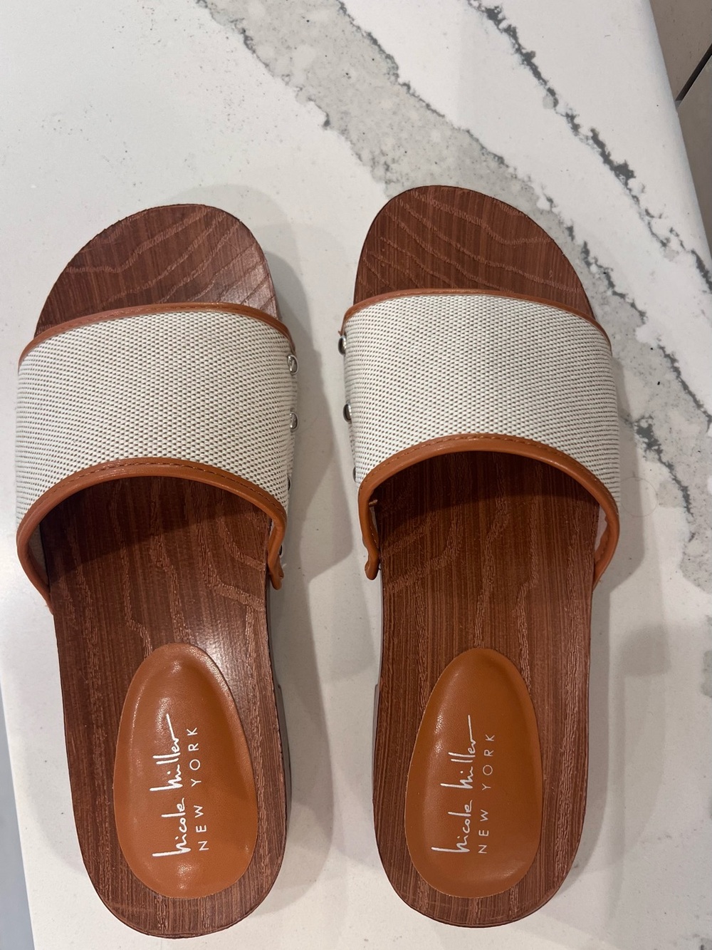 Nicole Miller Neutral Canvas and Brown Slide Clogs